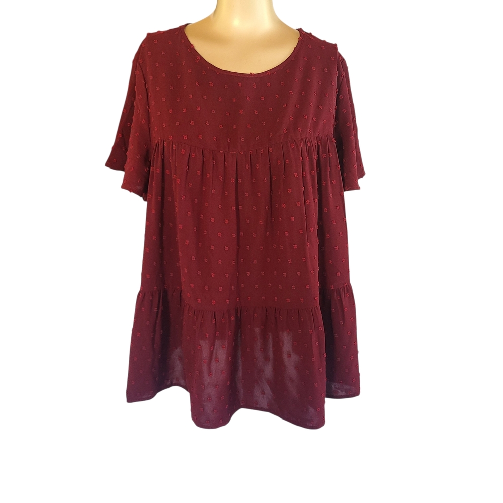 Emery Rose Burgundy Swiss Dot Tiered Babydoll Top Plus Size 1XL